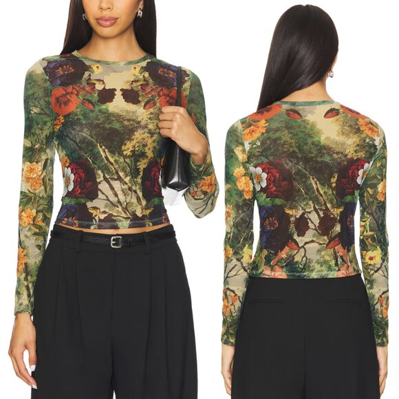 Alice + Olivia Delaina Floral Forest Print Mesh Long Sleeve Top, Green/Red,Small - Picture 4 of 9